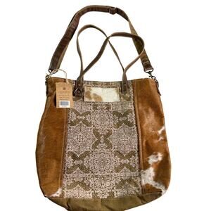Clea Ray Canvas Leather Hair On Hide Tote Bag Boho Western Crossbody Large Brown